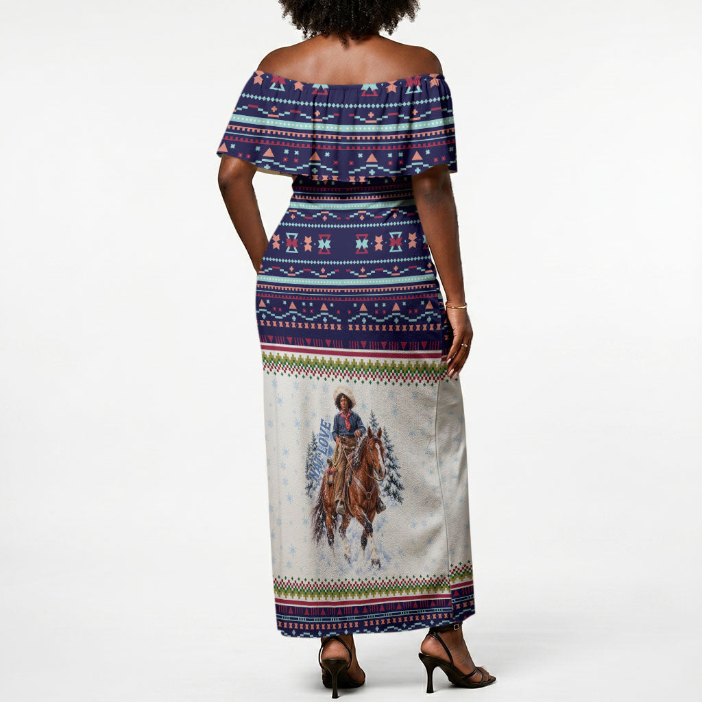 Nat Love African American Cowboy Off Shoulder Maxi Dress Winter Snow Fair Isle Pattern Western Graphic Art