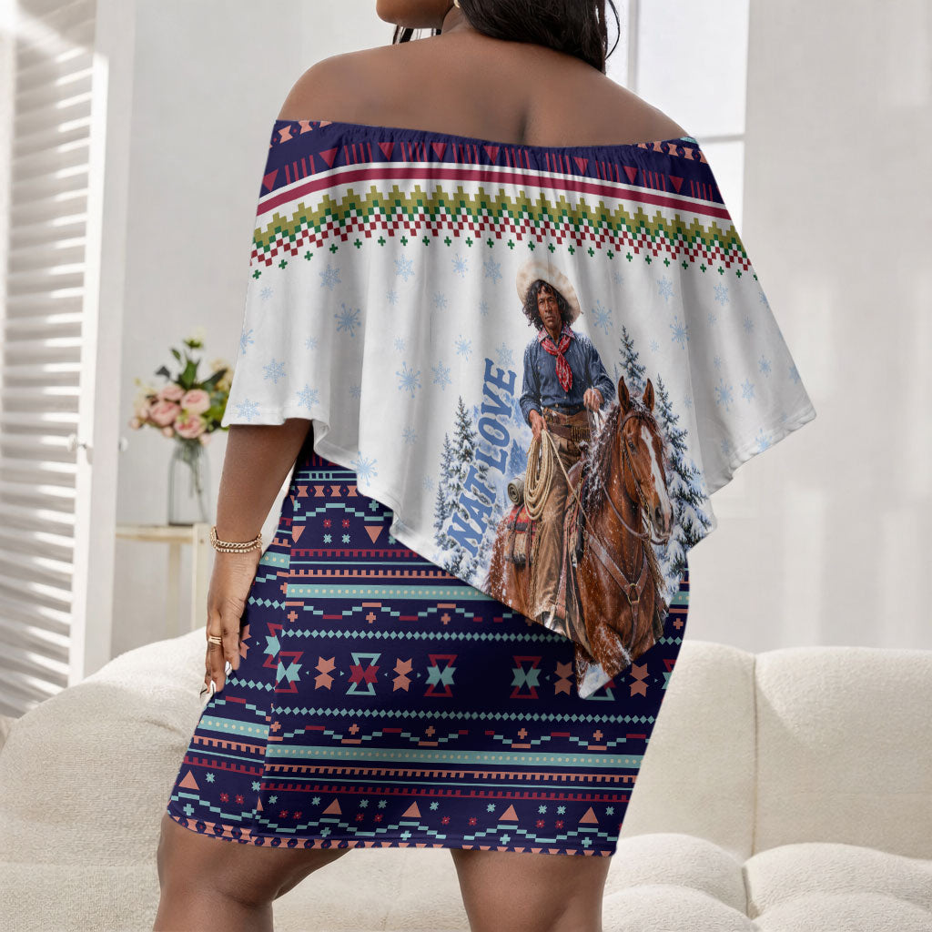 Nat Love African American Cowboy Off Shoulder Short Dress Winter Snow Fair Isle Pattern Western Graphic Art