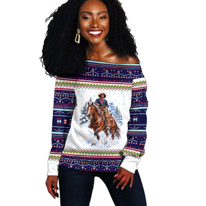 Nat Love African American Cowboy Off Shoulder Sweater Winter Snow Fair Isle Pattern Western Graphic Art