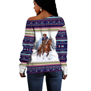 Nat Love African American Cowboy Off Shoulder Sweater Winter Snow Fair Isle Pattern Western Graphic Art