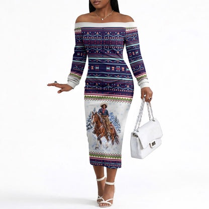 Nat Love African American Cowboy Off The Shoulder Long Sleeve Dress Winter Snow Fair Isle Pattern Western Graphic Art