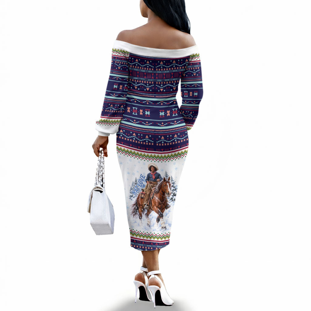 Nat Love African American Cowboy Off The Shoulder Long Sleeve Dress Winter Snow Fair Isle Pattern Western Graphic Art