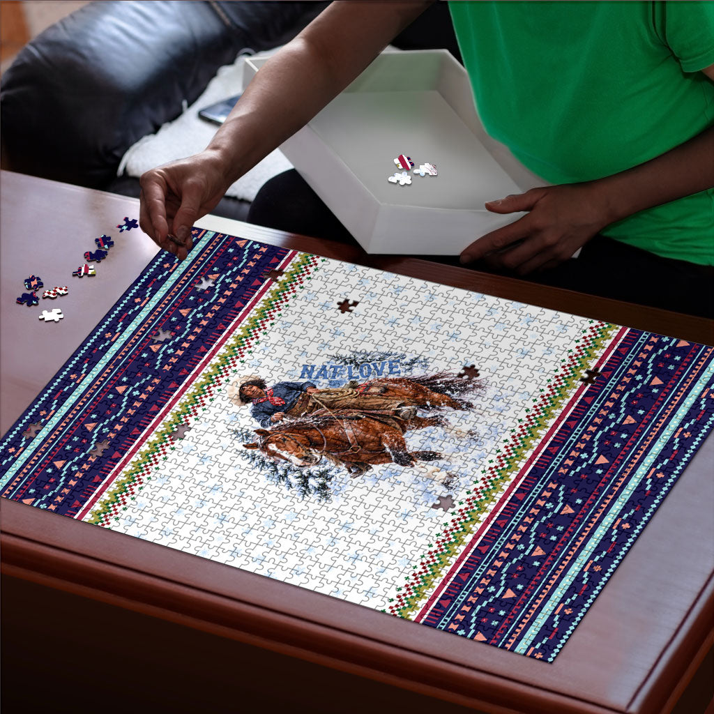 Nat Love African American Cowboy Puzzle Winter Snow Fair Isle Pattern Western Graphic Art