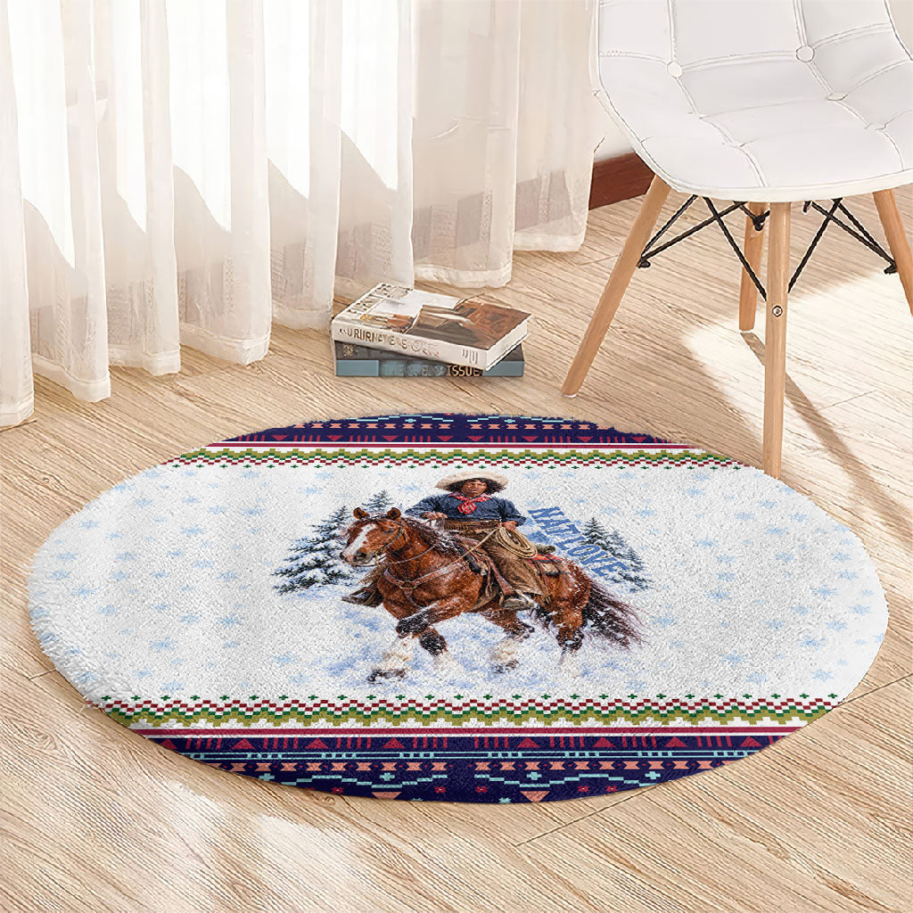 Nat Love African American Cowboy Round Carpet Winter Snow Fair Isle Pattern Western Graphic Art