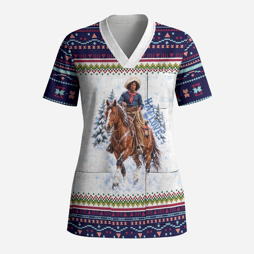 Nat Love African American Cowboy Scrub Top Winter Snow Fair Isle Pattern Western Graphic Art