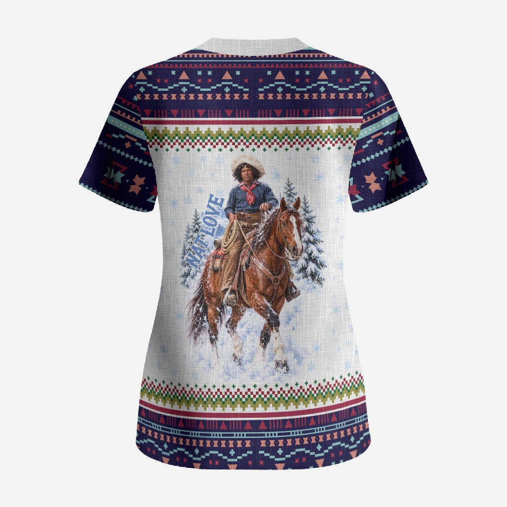 Nat Love African American Cowboy Scrub Top Winter Snow Fair Isle Pattern Western Graphic Art
