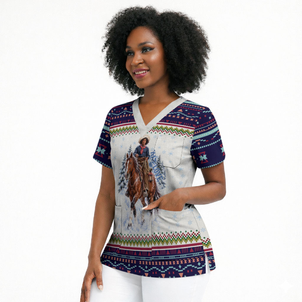 Nat Love African American Cowboy Scrub Top Winter Snow Fair Isle Pattern Western Graphic Art