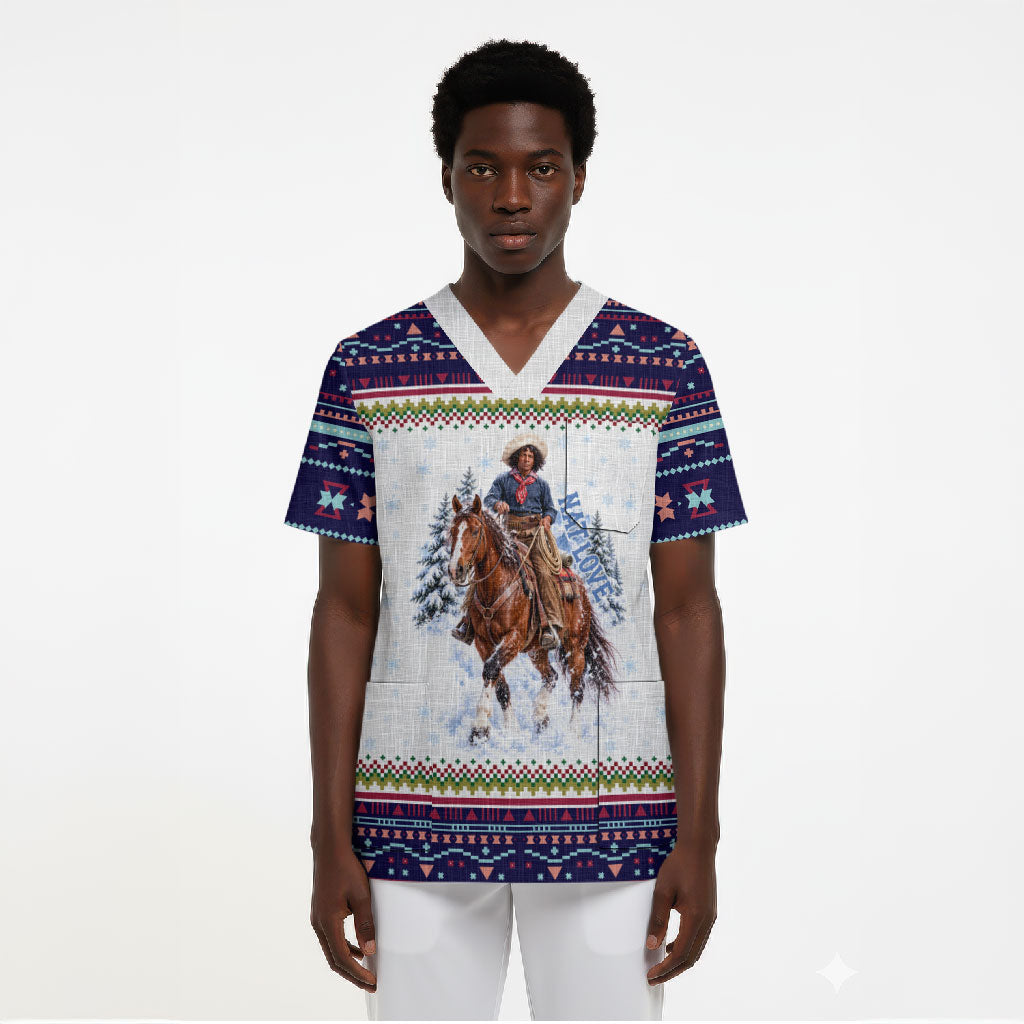 Nat Love African American Cowboy Scrub Top Winter Snow Fair Isle Pattern Western Graphic Art