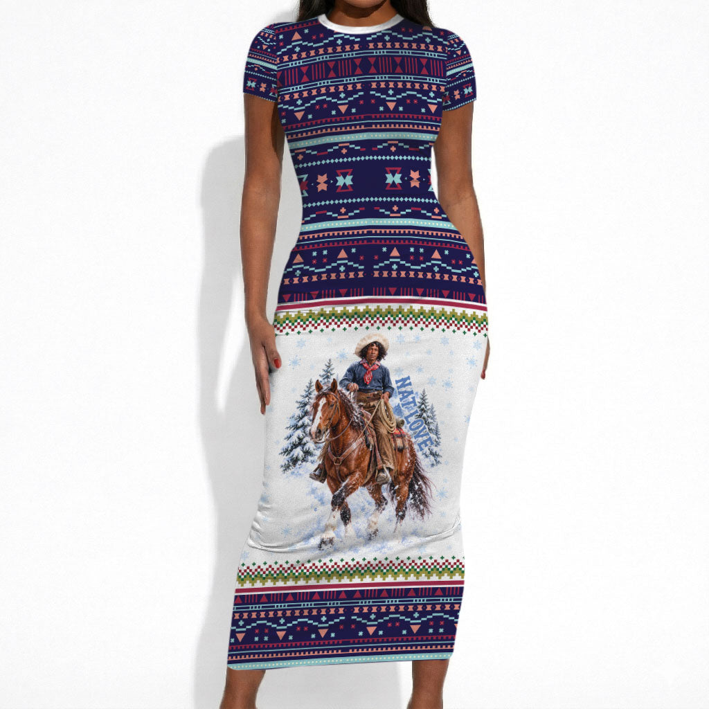 Nat Love African American Cowboy Short Sleeve Bodycon Dress Winter Snow Fair Isle Pattern Western Graphic Art