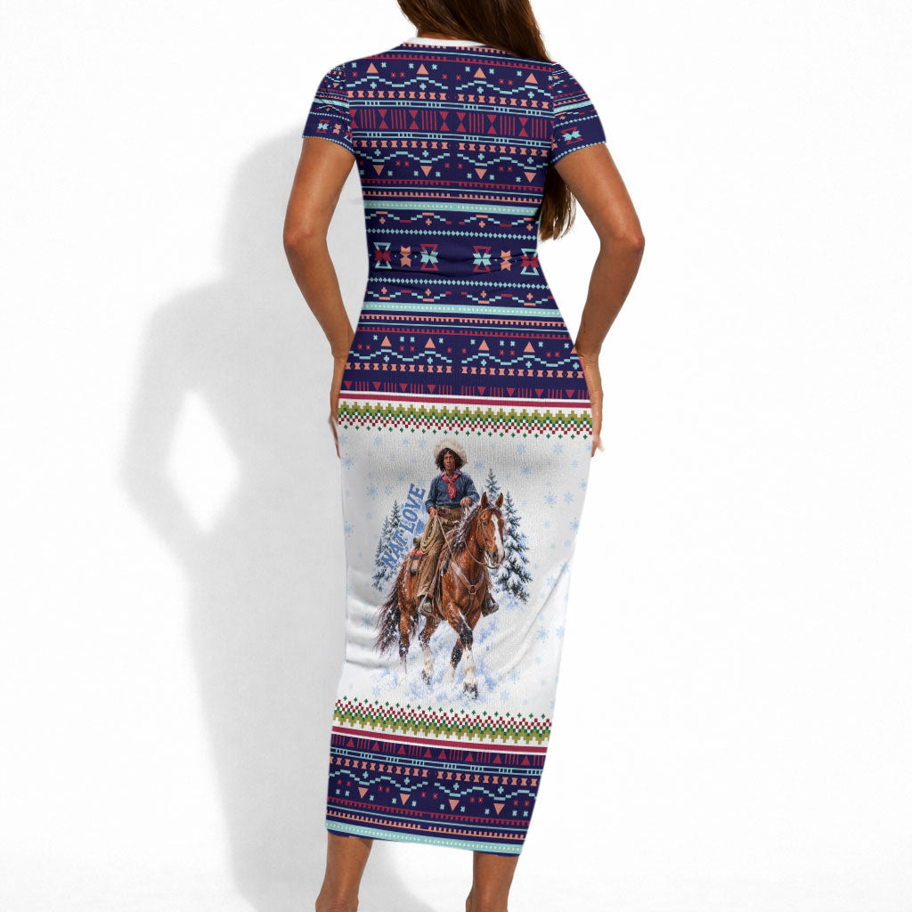 Nat Love African American Cowboy Short Sleeve Bodycon Dress Winter Snow Fair Isle Pattern Western Graphic Art