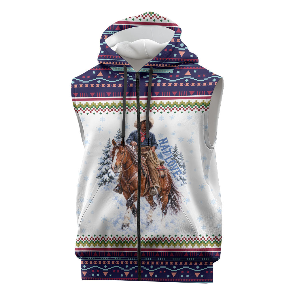 Nat Love African American Cowboy Sleeveless Zip Hoodie Winter Snow Fair Isle Pattern Western Graphic Art