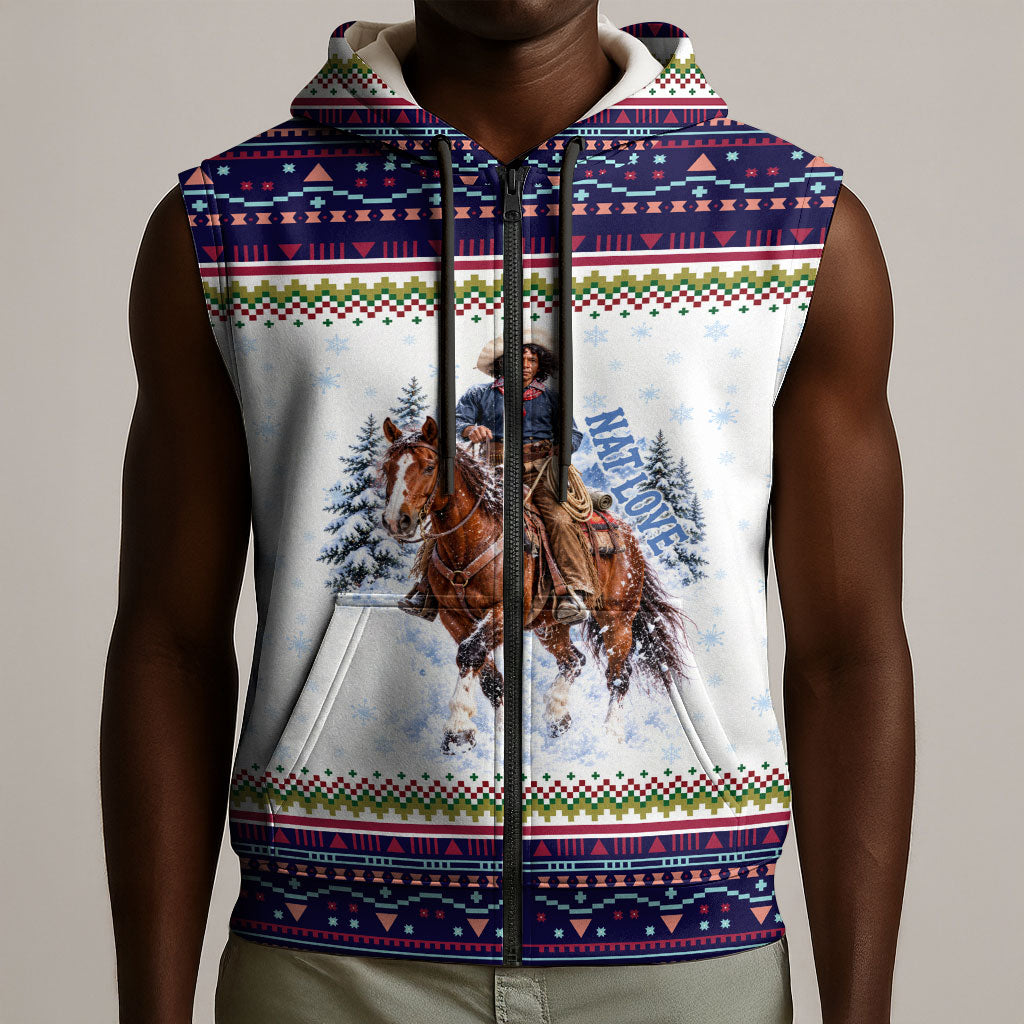 Nat Love African American Cowboy Sleeveless Zip Hoodie Winter Snow Fair Isle Pattern Western Graphic Art