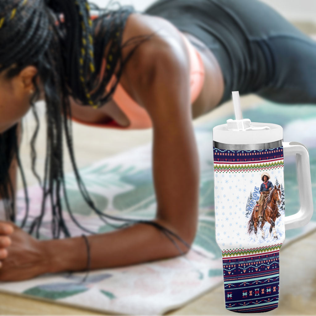 Nat Love African American Cowboy Tumbler With Handle Winter Snow Fair Isle Pattern Western Graphic Art