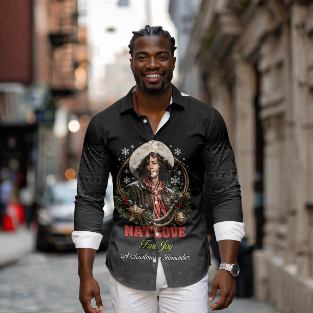 Nat Love Wild West Christmas Long Sleeve Button Shirt African American Cowboy Holiday Portrait Art