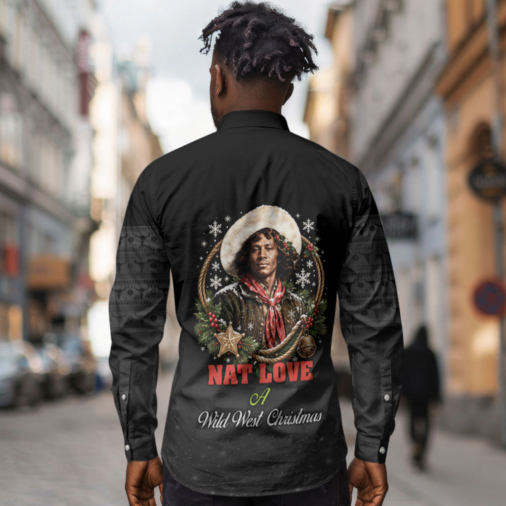 Nat Love Wild West Christmas Long Sleeve Button Shirt African American Cowboy Holiday Portrait Art