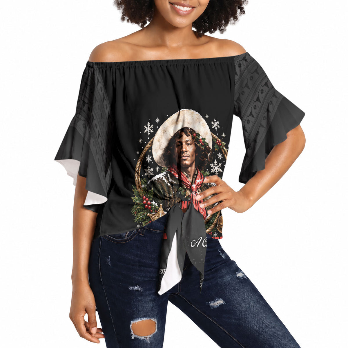 Nat Love Wild West Christmas Off Shoulder Wrap Waist Top African American Cowboy Holiday Portrait Art