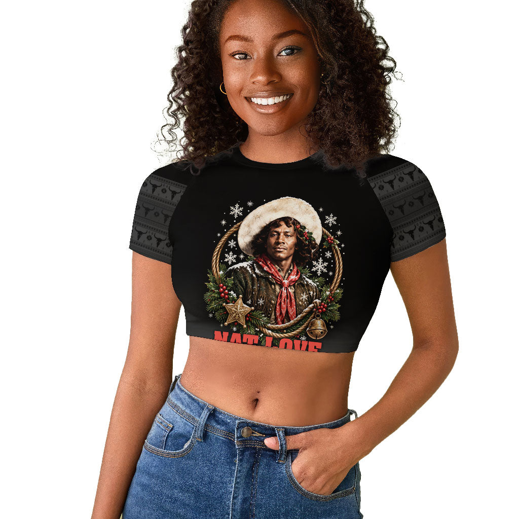 Nat Love Wild West Christmas Raglan Cropped T shirt African American Cowboy Holiday Portrait Art