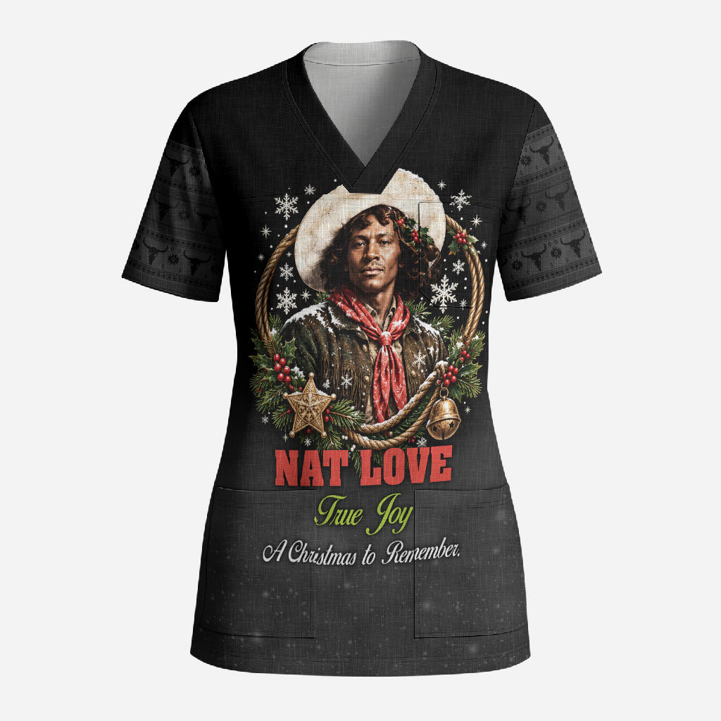 Nat Love Wild West Christmas Scrub Top African American Cowboy Holiday Portrait Art