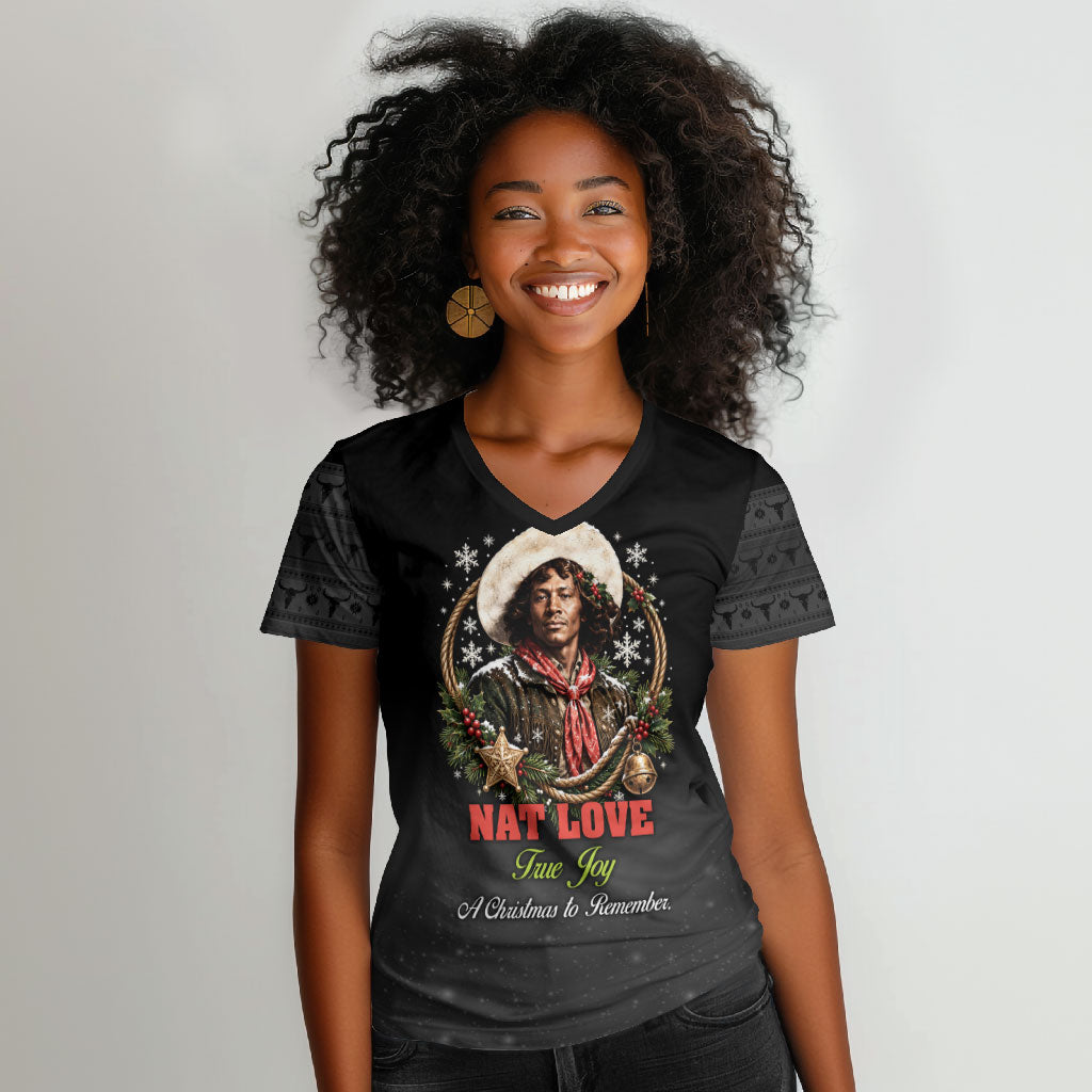 Nat Love Wild West Christmas Women V-Neck T-Shirt African American Cowboy Holiday Portrait Art