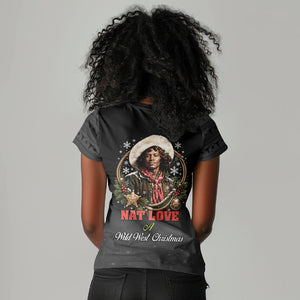 Nat Love Wild West Christmas Women V-Neck T-Shirt African American Cowboy Holiday Portrait Art