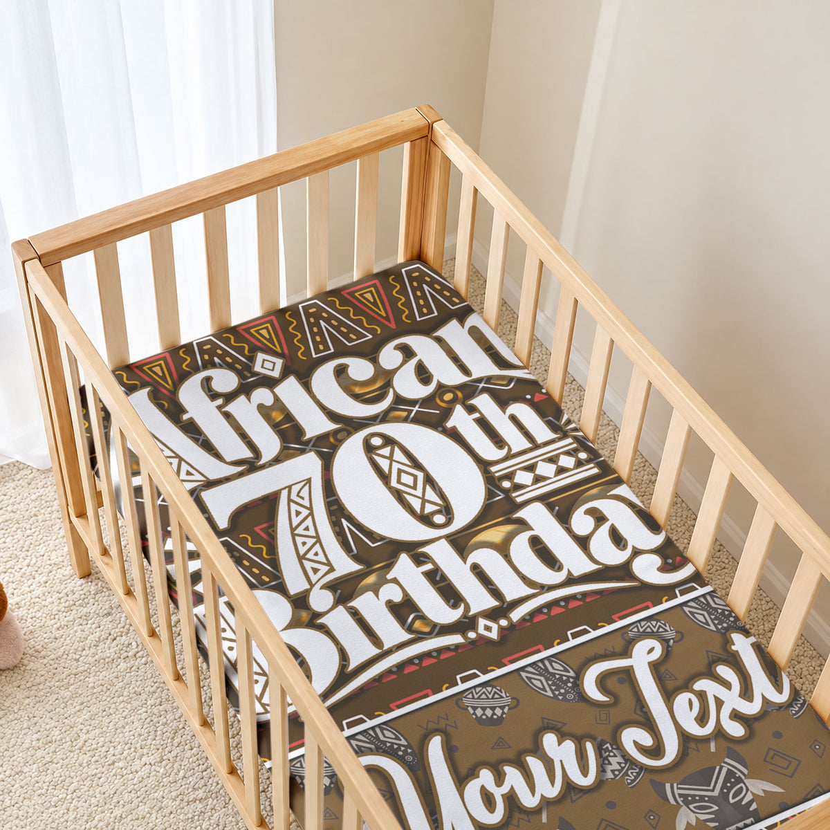 Personalized African 70th Birthday Baby Bed Cover Tribal Pattern Mudcloth Heritage Art