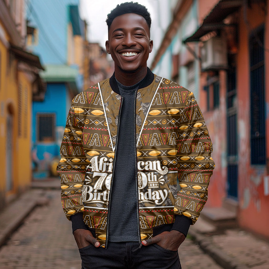 Personalized African 70th Birthday Bomber Jacket Tribal Pattern Mudcloth Heritage Art