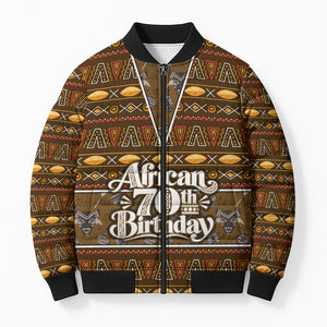 Personalized African 70th Birthday Bomber Puffer Jacket Tribal Pattern Mudcloth Heritage Art