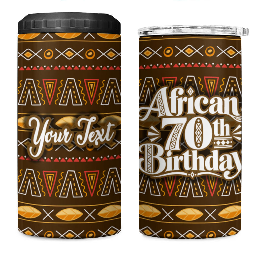 Personalized African 70th Birthday 4 in 1 Can Cooler Tumbler Tribal Pattern Mudcloth Heritage Art
