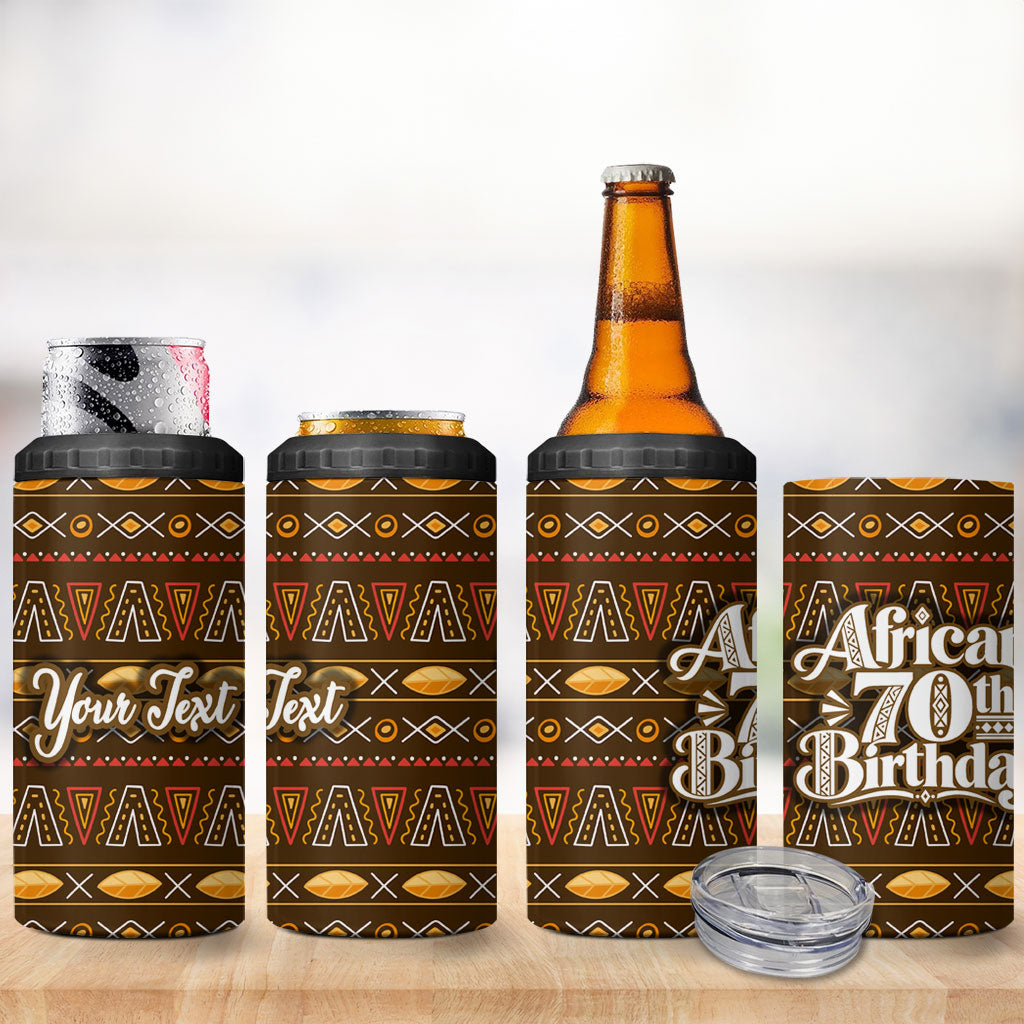 Personalized African 70th Birthday 4 in 1 Can Cooler Tumbler Tribal Pattern Mudcloth Heritage Art