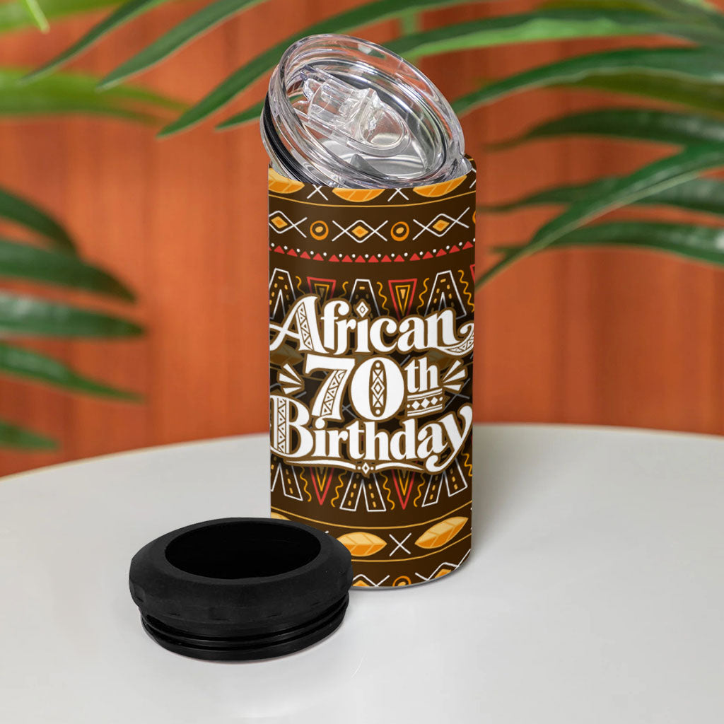 Personalized African 70th Birthday 4 in 1 Can Cooler Tumbler Tribal Pattern Mudcloth Heritage Art