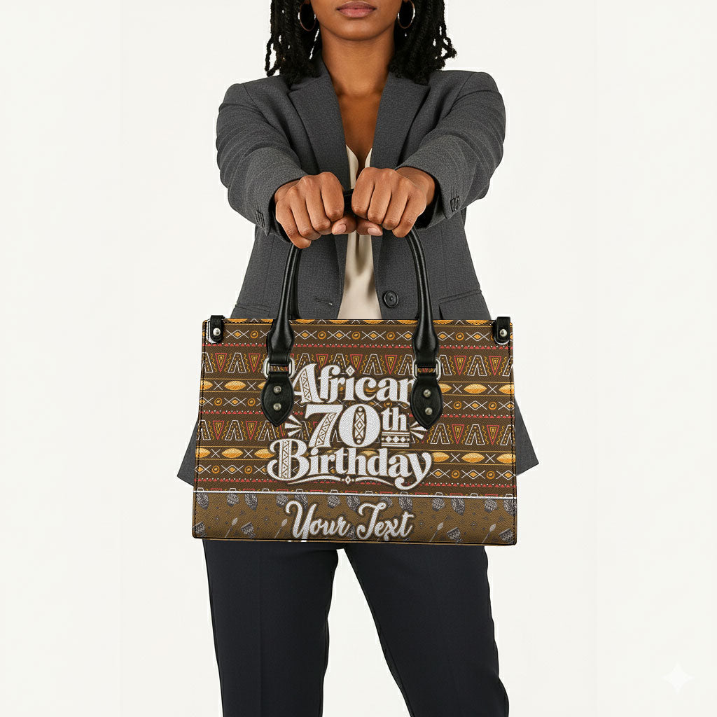 Personalized African 70th Birthday Leather Bag Tribal Pattern Mudcloth Heritage Art