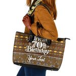Personalized African 70th Birthday Leather Tote Bag Tribal Pattern Mudcloth Heritage Art