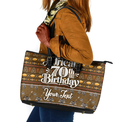 Personalized African 70th Birthday Leather Tote Bag Tribal Pattern Mudcloth Heritage Art