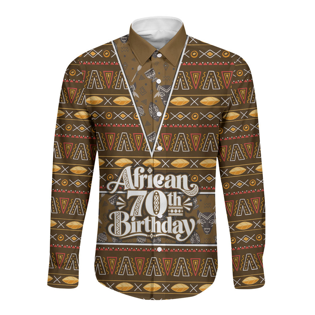 Personalized African 70th Birthday Long Sleeve Button Shirt Tribal Pattern Mudcloth Heritage Art