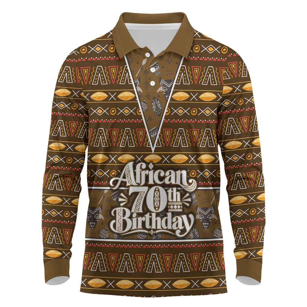 Personalized African 70th Birthday Long Sleeve Polo Shirt Tribal Pattern Mudcloth Heritage Art