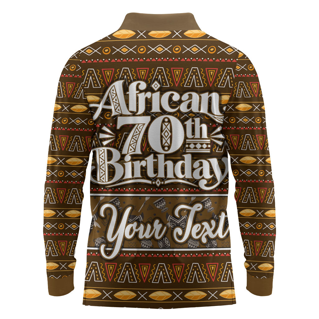 Personalized African 70th Birthday Long Sleeve Polo Shirt Tribal Pattern Mudcloth Heritage Art