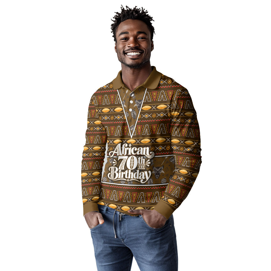 Personalized African 70th Birthday Long Sleeve Polo Shirt Tribal Pattern Mudcloth Heritage Art