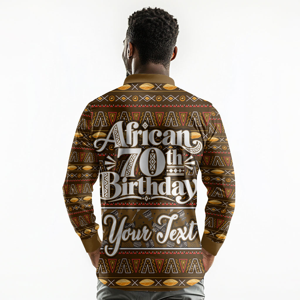 Personalized African 70th Birthday Long Sleeve Polo Shirt Tribal Pattern Mudcloth Heritage Art