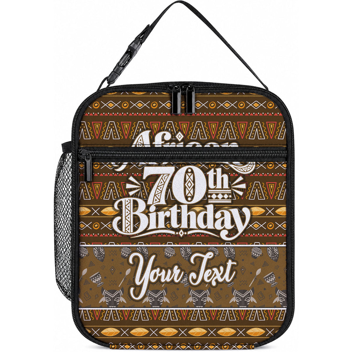 Personalized African 70th Birthday Lunch Bag Tribal Pattern Mudcloth Heritage Art