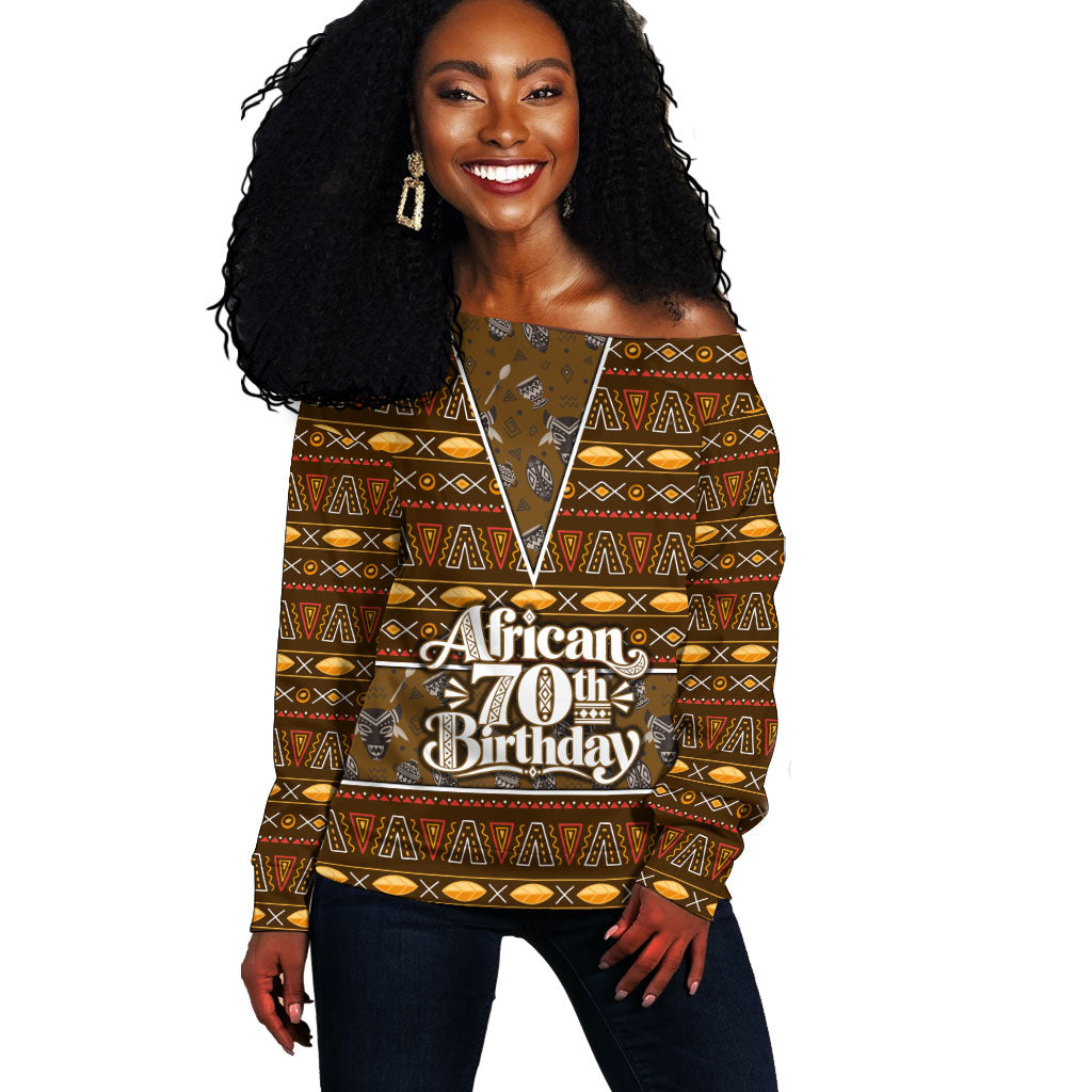 Personalized African 70th Birthday Off Shoulder Sweater Tribal Pattern Mudcloth Heritage Art