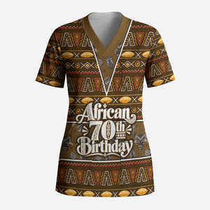 Personalized African 70th Birthday Scrub Top Tribal Pattern Mudcloth Heritage Art