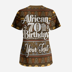 Personalized African 70th Birthday Scrub Top Tribal Pattern Mudcloth Heritage Art