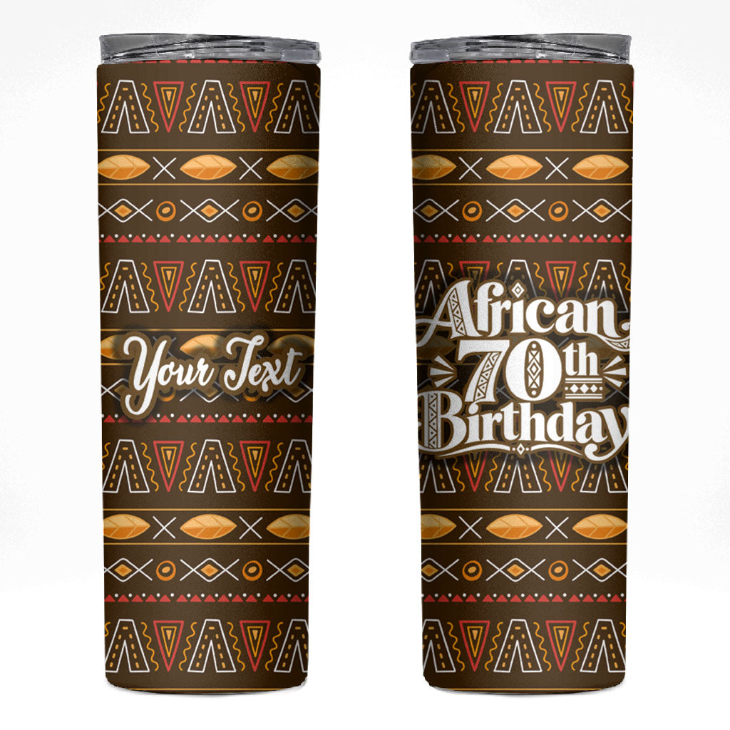 Personalized African 70th Birthday Skinny Tumbler Tribal Pattern Mudcloth Heritage Art