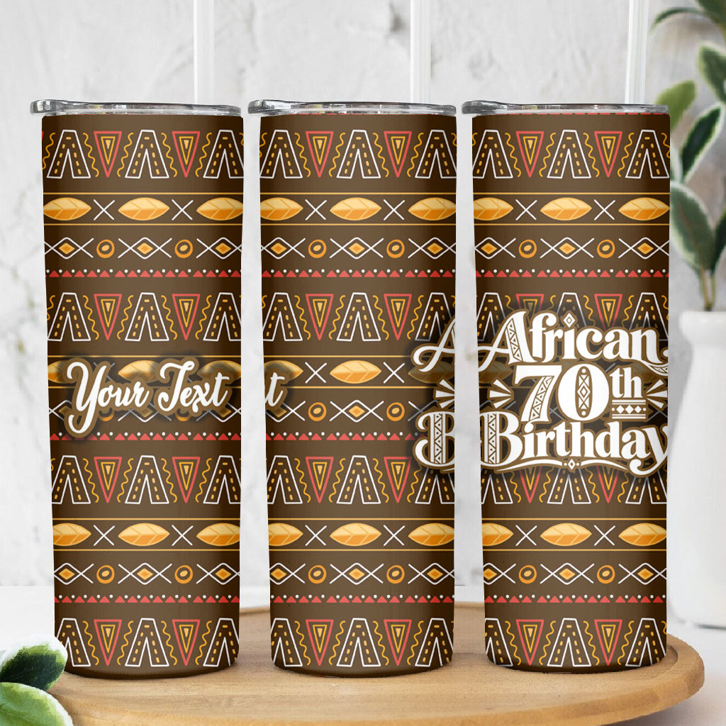 Personalized African 70th Birthday Skinny Tumbler Tribal Pattern Mudcloth Heritage Art