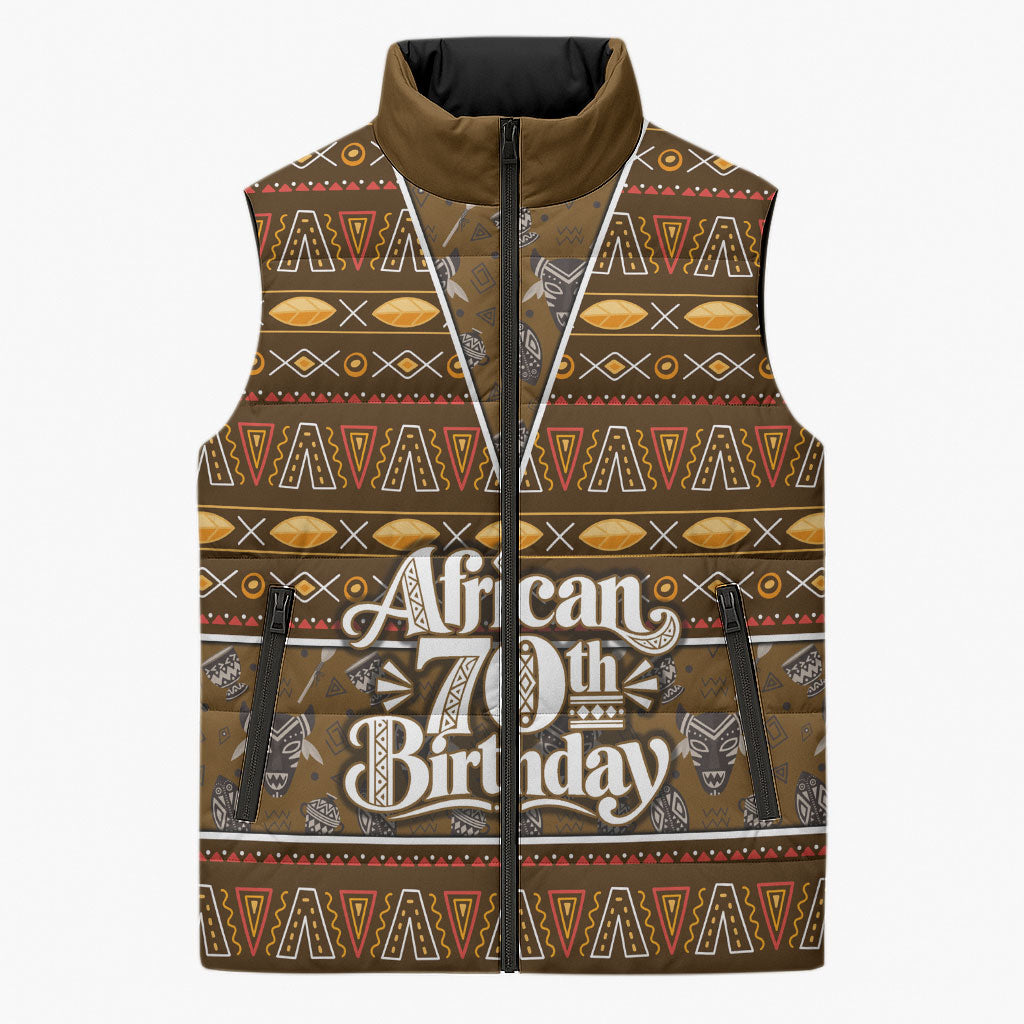 Personalized African 70th Birthday Sleeveless Puffer Jacket Tribal Pattern Mudcloth Heritage Art
