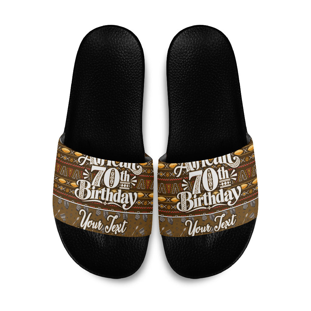 Personalized African 70th Birthday Slide Sandals Tribal Pattern Mudcloth Heritage Art