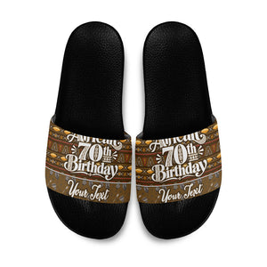 Personalized African 70th Birthday Slide Sandals Tribal Pattern Mudcloth Heritage Art