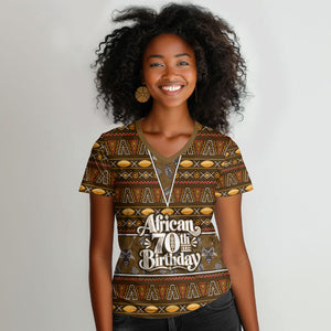 Personalized African 70th Birthday Women V-Neck T-Shirt Tribal Pattern Mudcloth Heritage Art