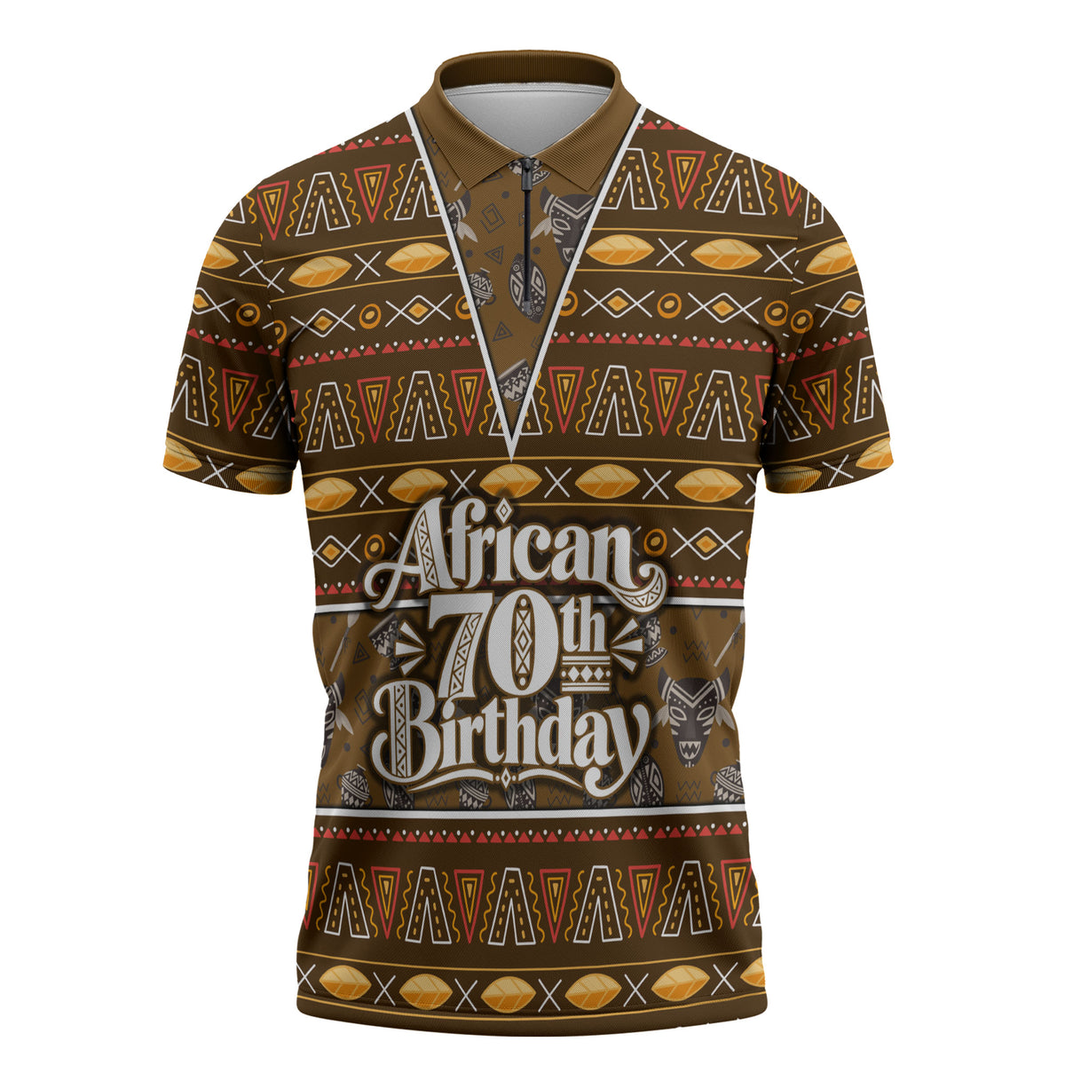 Personalized African 70th Birthday Zipper Polo Shirt Tribal Pattern Mudcloth Heritage Art
