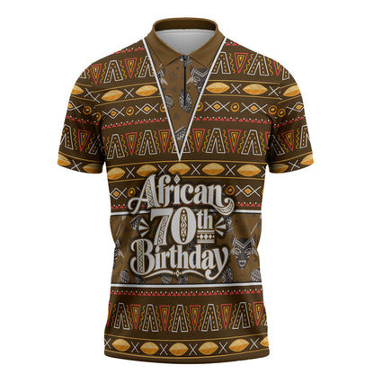 Personalized African 70th Birthday Zipper Polo Shirt Tribal Pattern Mudcloth Heritage Art